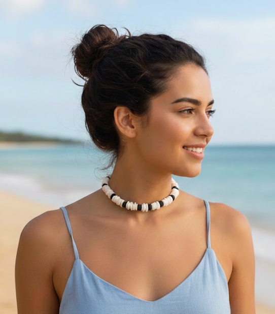 White Clam Chip Puka Style Necklace with Natural Black Accents