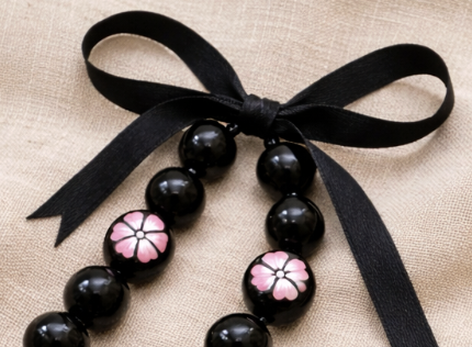 Mens/Womens Black Kukui Nut Necklace with Pink Hibiscus Flowers