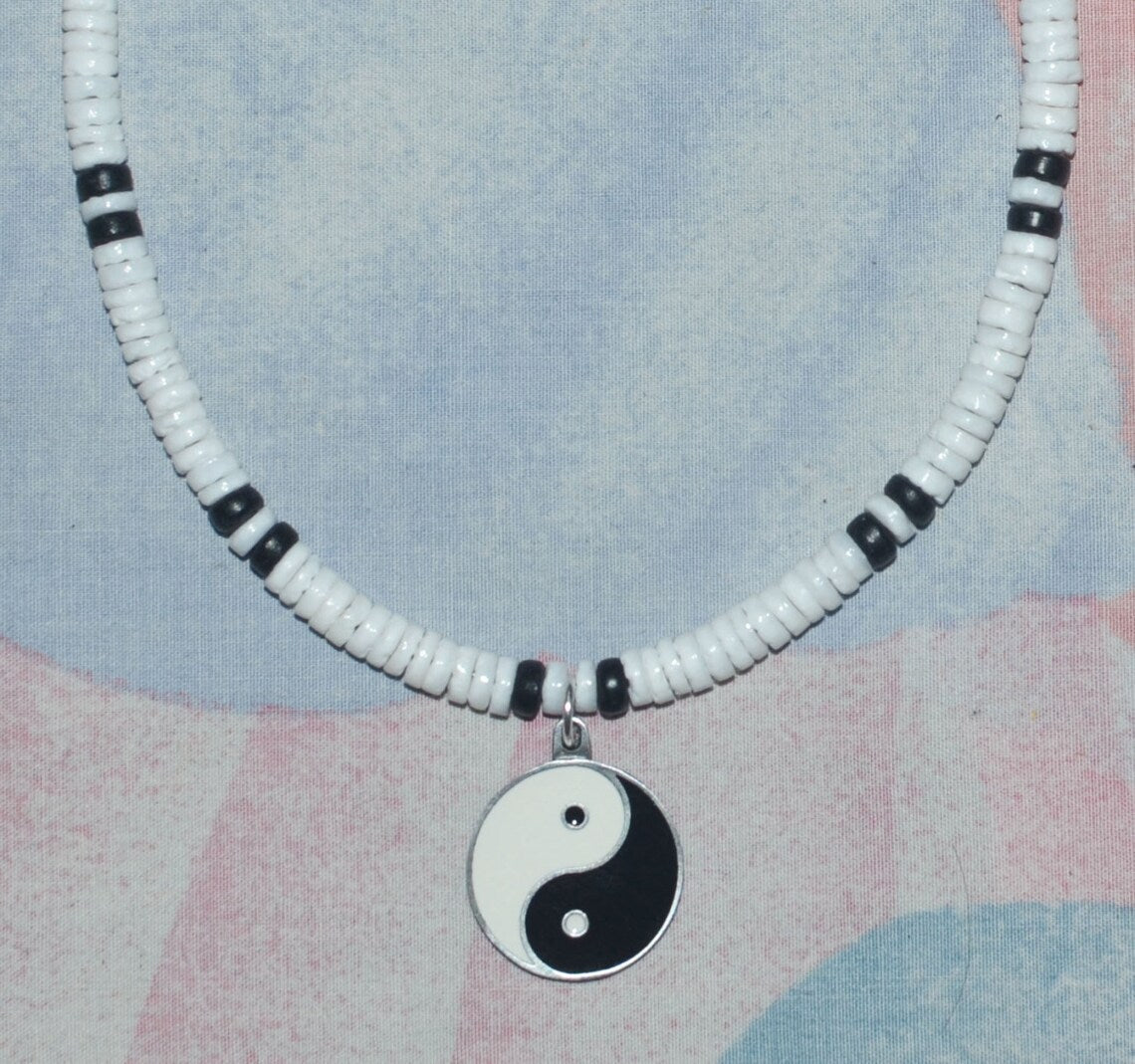 Native Treasure Smooth White Heishe Puka Shell Necklace with Yin Yang Pewter Pendant