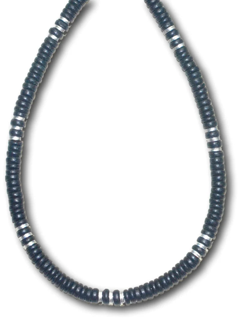 Native Treasure - Raiders Silver and Black Wood Coco Beaded Puka Necklace - 8mm (5/16")
