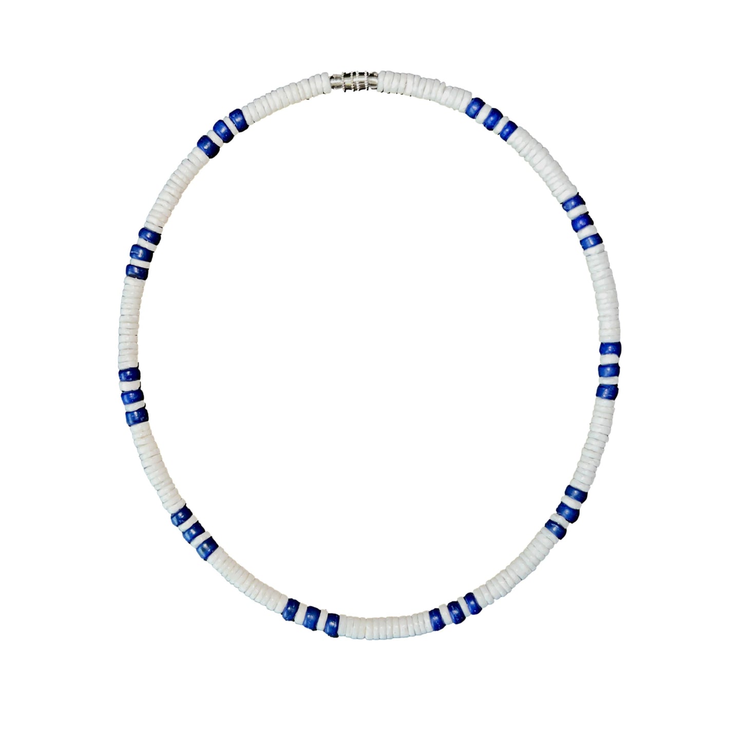 Native Treasure 5mm White Clam Heishi Puka Necklace with Dark Blue Coconut Bead Accents – Handmade Island Jewelry