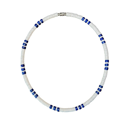 Native Treasure 5mm White Clam Heishi Puka Necklace with Dark Blue Coconut Bead Accents – Handmade Island Jewelry