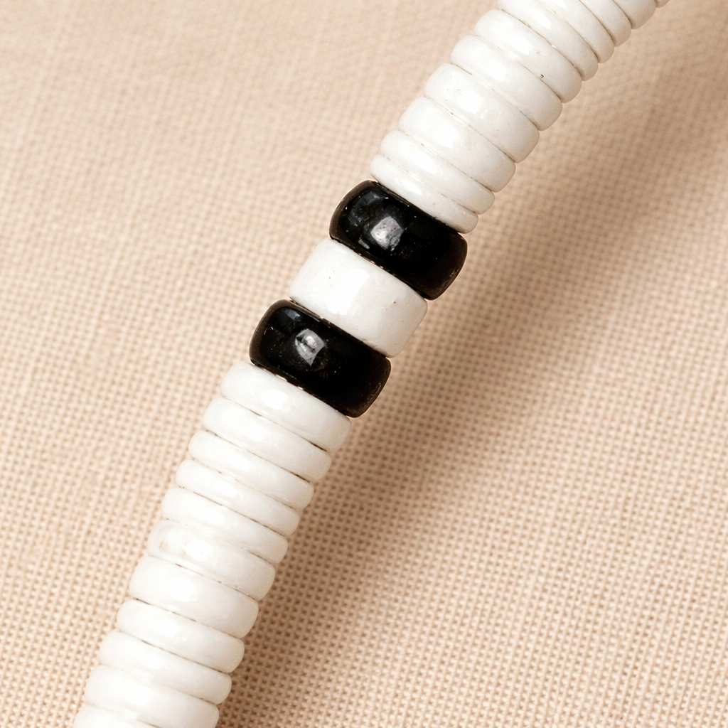 Native Treasure 5mm White Clam Heishi Puka Style Necklace with Black Coconut Beads