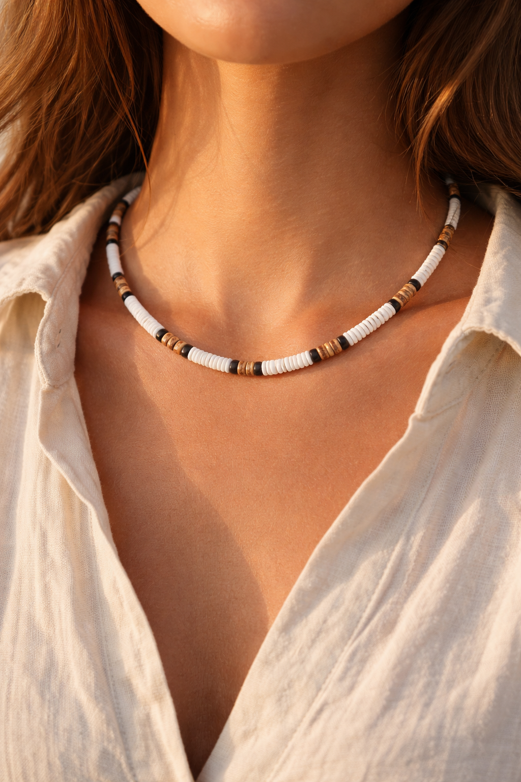 Native Treasure 5mm Hawaiian Style Puka Shell Necklace with Brown Coconut Beads