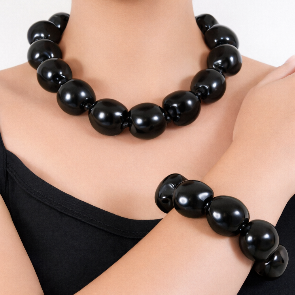 Native Treasure Black Kukui Nut Choker Necklace and Matching Stretch Bracelet Set 16 Inch Hawaiian Island Jewelry