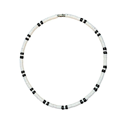 Native Treasure 5mm White Clam Heishi Puka Style Necklace with Black Coconut Beads