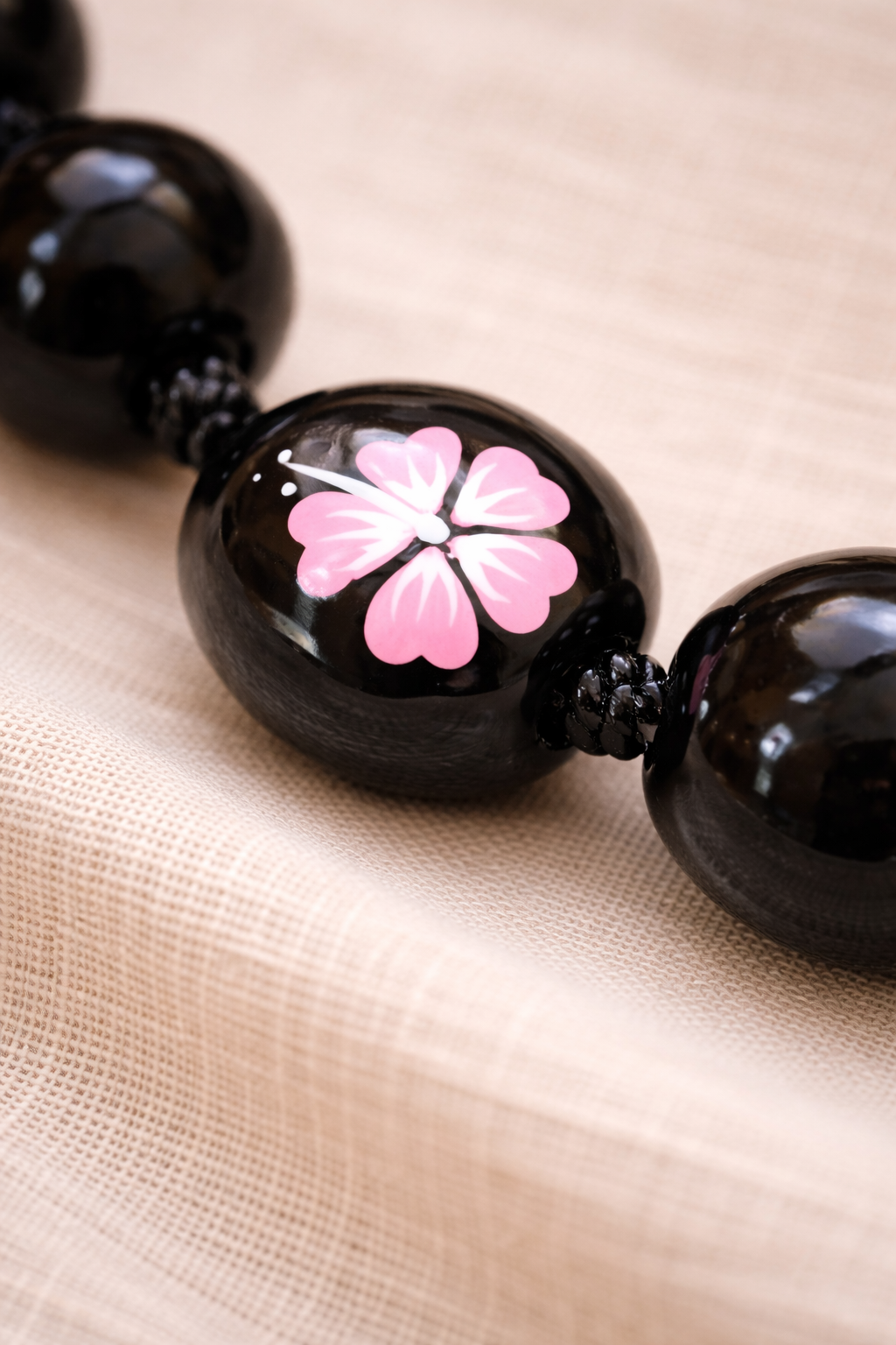 Mens/Womens Black Kukui Nut Necklace with Pink Hibiscus Flowers