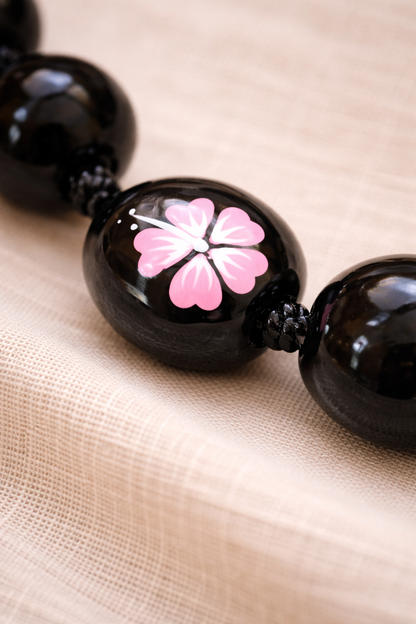 Mens/Womens Black Kukui Nut Necklace with Pink Hibiscus Flowers