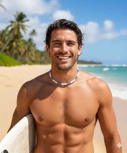 Native Treasure 5mm White Clam Heishi Puka Necklace with Dark Blue Coconut Bead Accents – Handmade Island Jewelry