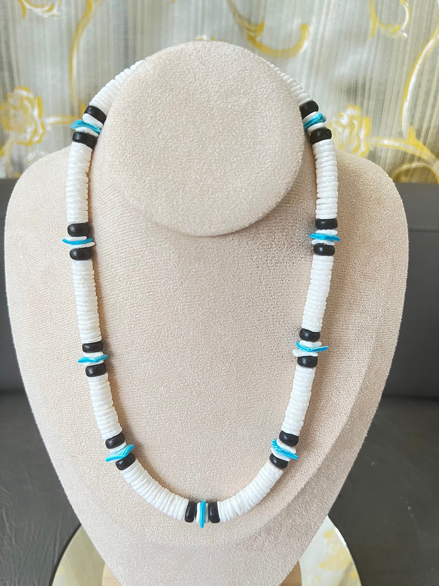 Native Treasure Premium 8mm White Clam Heishi Necklace with Black and Blue Accents
