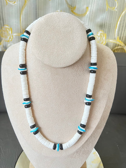 Native Treasure Premium 8mm White Clam Heishi Necklace with Black and Blue Accents