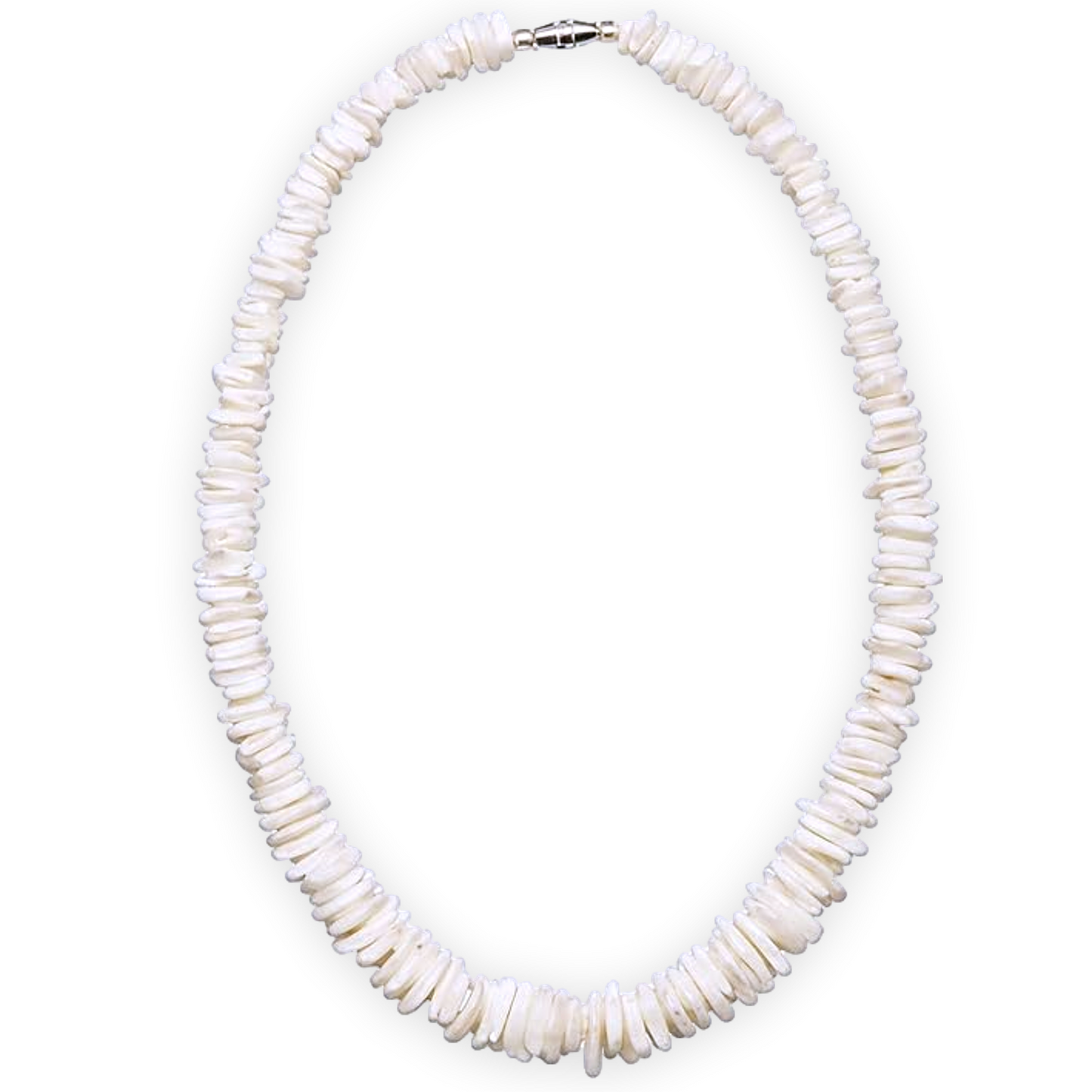 White Rose Clam Chips Puka Style Necklace for Men and Women, Surfer Beach Style, Stainless Steel Cable Wire