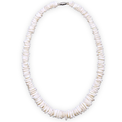 White Rose Clam Chips Puka Style Necklace for Men and Women, Surfer Beach Style, Stainless Steel Cable Wire