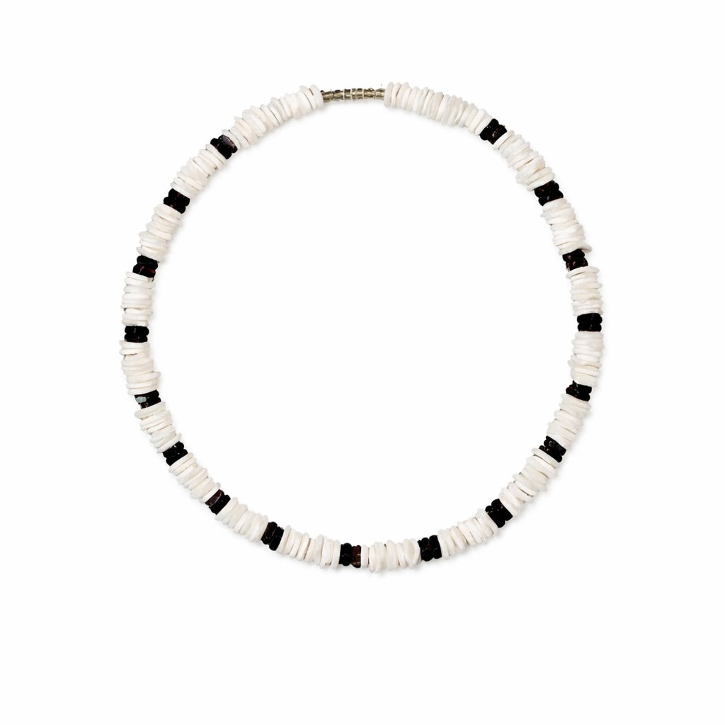Native Treasure White Rose Clam Puka Chip Necklace with Black Accents - Handmade in the Philippines