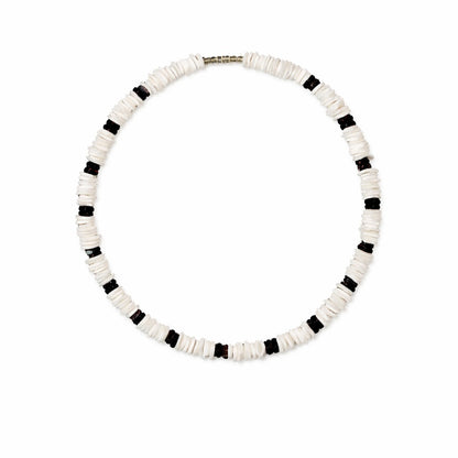 Native Treasure White Rose Clam Puka Chip Necklace with Black Accents - Handmade in the Philippines
