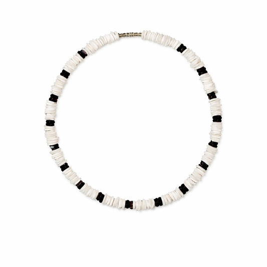 Native Treasure White Rose Clam Puka Chip Necklace with Black Accents - Handmade in the Philippines