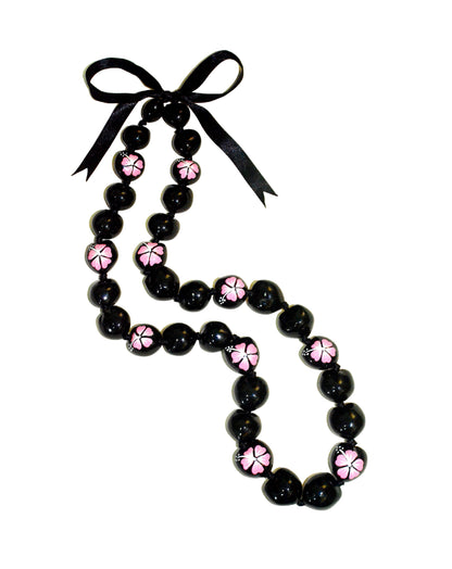 Mens/Womens Black Kukui Nut Necklace with Pink Hibiscus Flowers