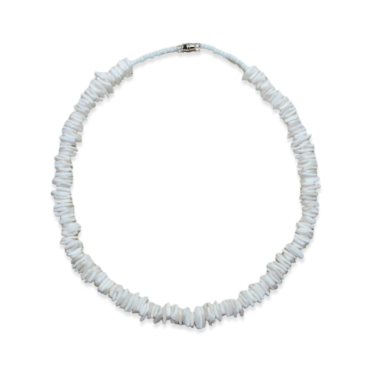Native Treasure White Rose Clam Chip Puka Shell Necklace with Seed Bead Accents