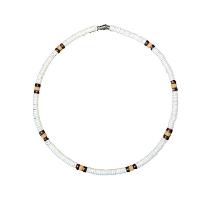 Native Treasure Smooth White Clam Shell Necklace with Brown Coconut Beads