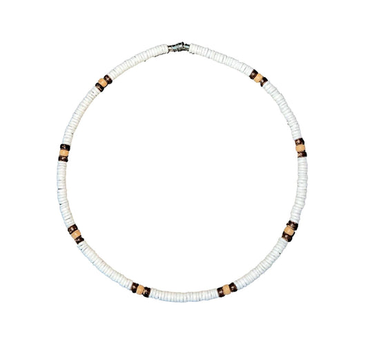 Native Treasure Smooth White Clam Shell Necklace with Brown Coconut Beads