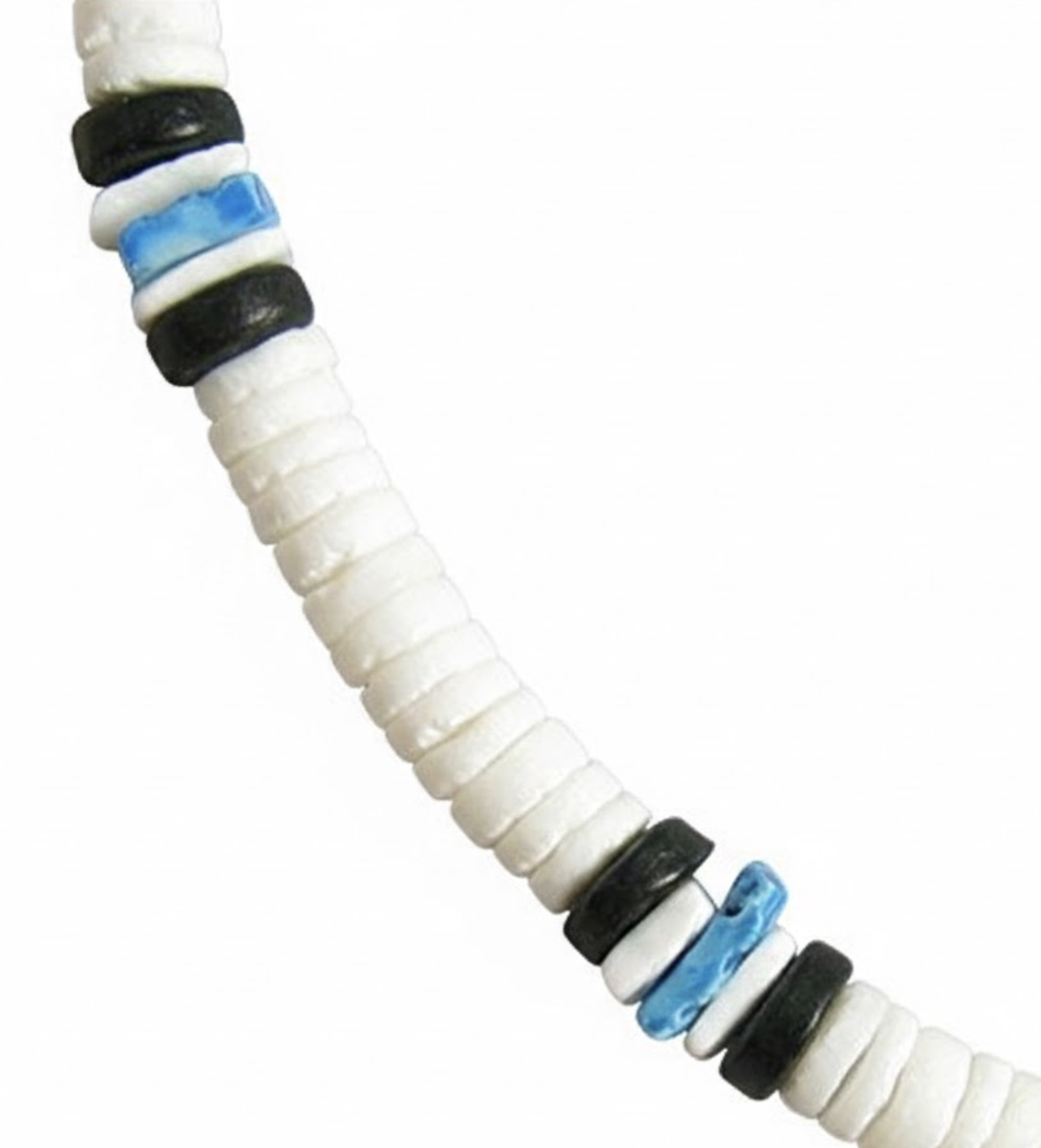 Native Treasure Premium 8mm White Clam Heishi Necklace with Black and Blue Accents