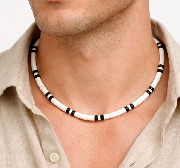 Native Treasure 5mm White Clam Heishi Puka Style Necklace with Black Coconut Beads