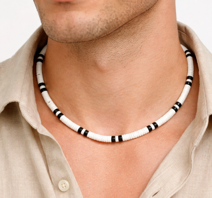 Native Treasure 5mm White Clam Heishi Puka Style Necklace with Black Coconut Beads