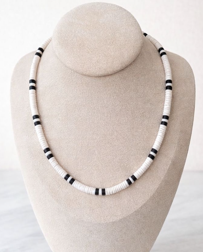 Native Treasure 5mm White Clam Heishi Puka Style Necklace with Black Coconut Beads