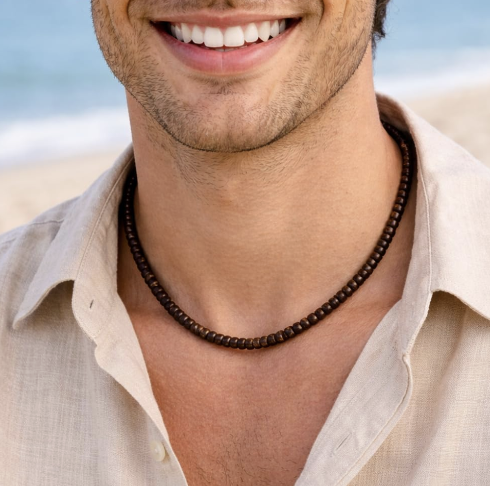 Coconut Bead Necklace for Men and Women, Dark Brown 5mm Island Style Choker, Handmade in the Philippines