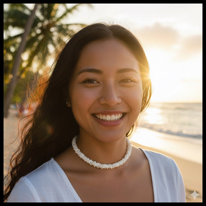 White Rose Clam Chips Puka Style Necklace for Men and Women, Surfer Beach Style, Stainless Steel Cable Wire