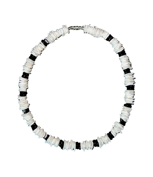 White Clam Chip Puka Style Necklace with Natural Black Accents