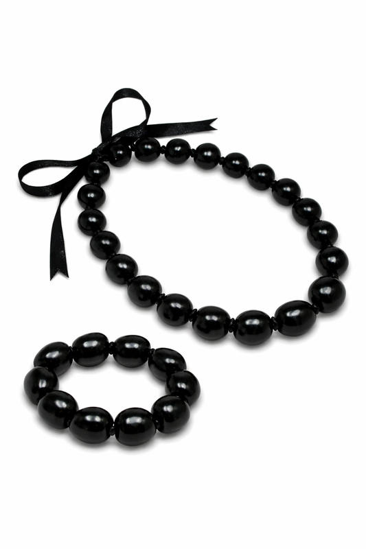 Native Treasure Black Kukui Nut Choker Necklace and Matching Stretch Bracelet Set 16 Inch Hawaiian Island Jewelry