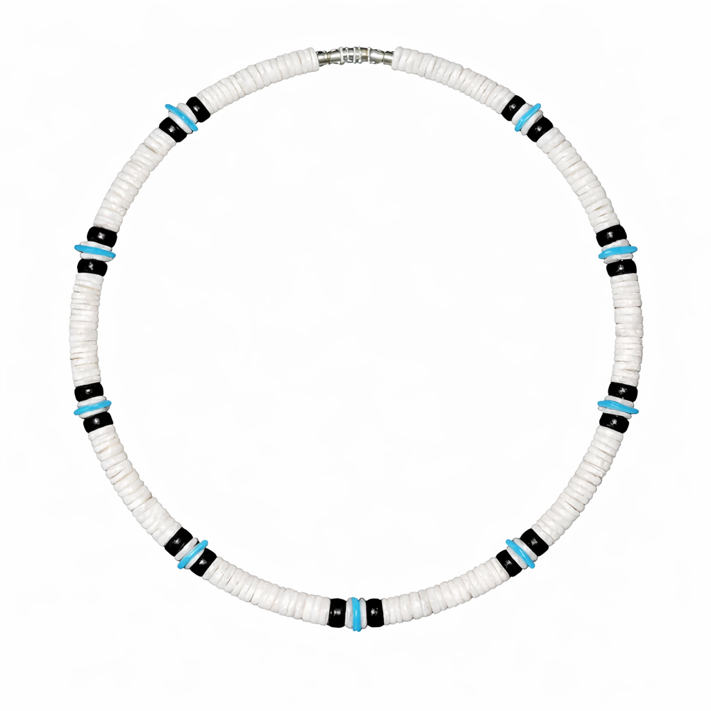 Premium 8mm White Clam Heishi Necklace with Black and Blue Accents