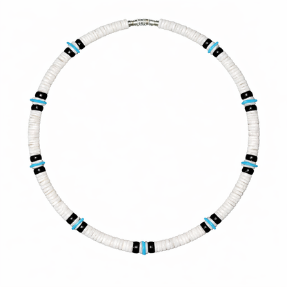 Premium 8mm White Clam Heishi Necklace with Black and Blue Accents