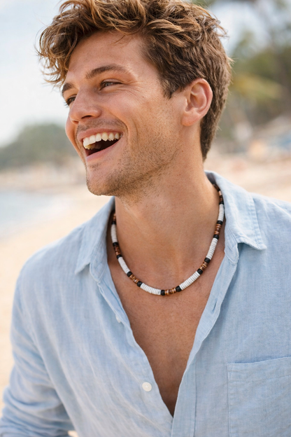 Native Treasure 5mm Hawaiian Style Puka Shell Necklace with Brown Coconut Beads