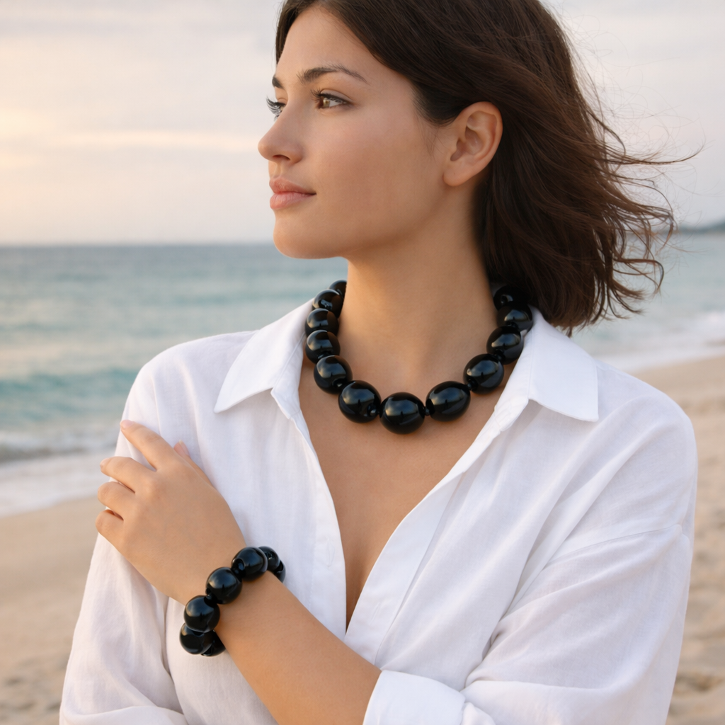 Native Treasure Black Kukui Nut Choker Necklace and Matching Stretch Bracelet Set 16 Inch Hawaiian Island Jewelry