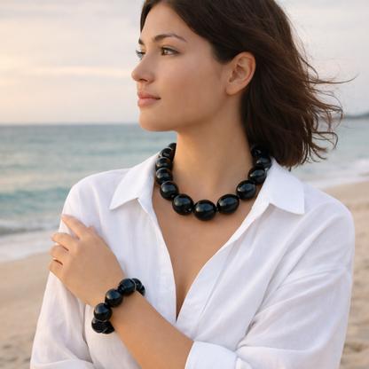 Native Treasure Black Kukui Nut Choker Necklace and Matching Stretch Bracelet Set 16 Inch Hawaiian Island Jewelry