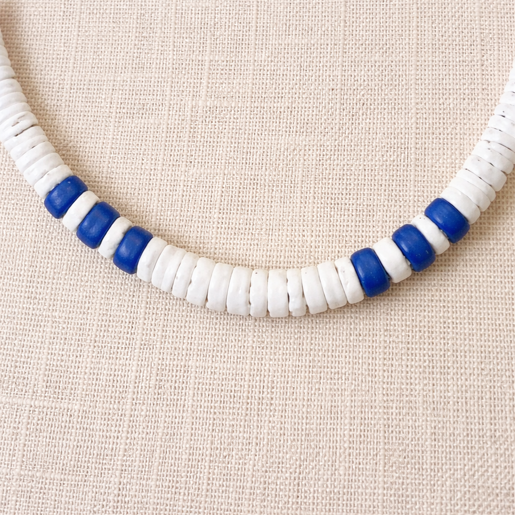 Native Treasure 5mm White Clam Heishi Puka Necklace with Dark Blue Coconut Bead Accents – Handmade Island Jewelry