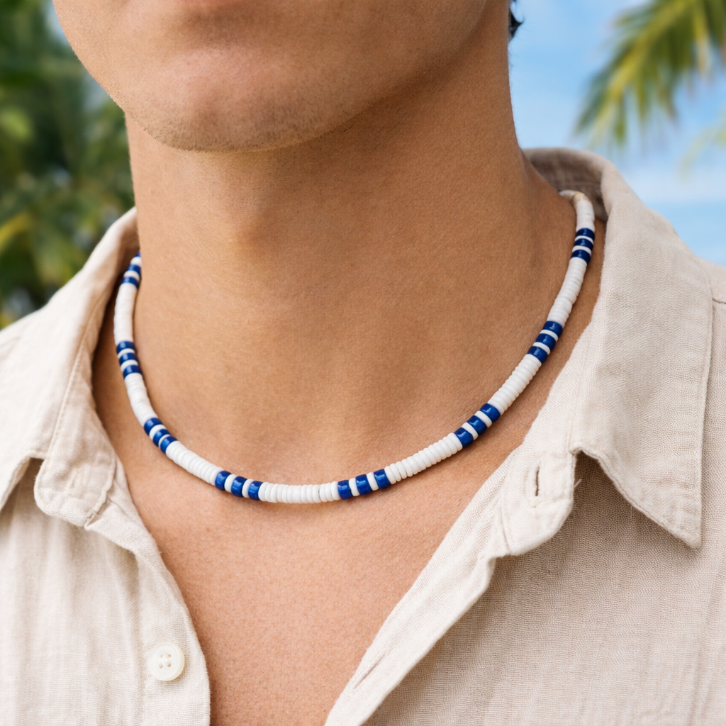 Native Treasure 5mm White Clam Heishi Puka Necklace with Dark Blue Coconut Bead Accents – Handmade Island Jewelry
