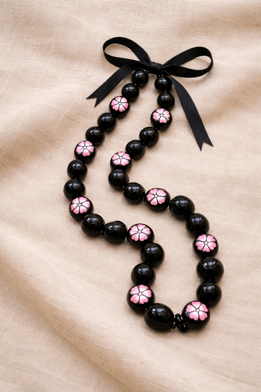 Mens/Womens Black Kukui Nut Necklace with Pink Hibiscus Flowers