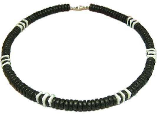 Native Treasure - Black Wood Coco Bead White Chips Puka Shell Necklace or Bracelet - 8mm (5/16") - 7" to 24"