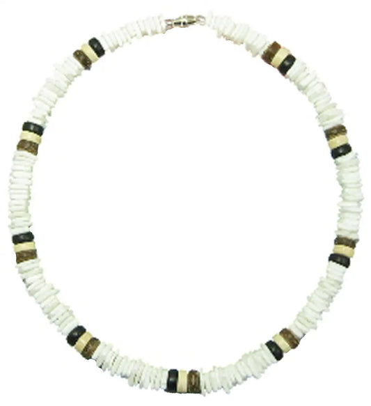 Native Treasure - White Rose Clam Puka Chips and 8mm Wood Coco Beads Puka Shell Necklace, Anklet, or Bracelet, 7" to 30"