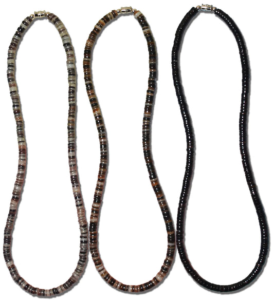 Native Treasure - Set of 3 Heishe Graylip, Brownlip, and Blackpen Puka Shell Necklaces - 12" to 30"
