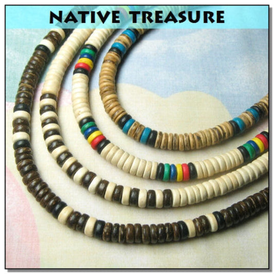 Native Treasure - Set of 4 Wood Coco Shell Necklaces Surfer Beaded Chokers - Sizes 13" to 30" - 8mm (5/16")