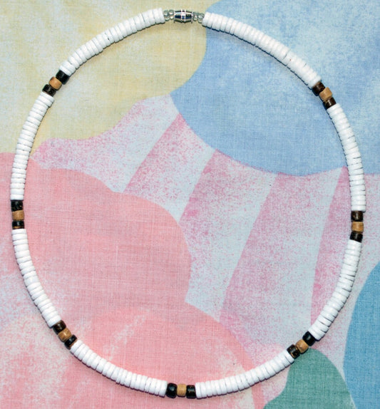 Native Treasure Smooth White Puka Shell Necklace Brown Coco Beads - 13" to 30"