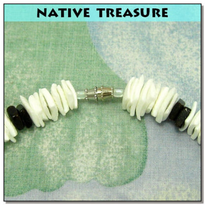 Native Treasure White Rose Clam Puka Chip Necklace with Black Accents - Handmade in the Philippines