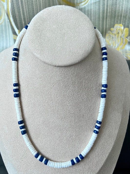 Native Treasure Smooth White Clam Heishe Puka Shell Blue Coco Beads Surfer Necklace  14" to 30