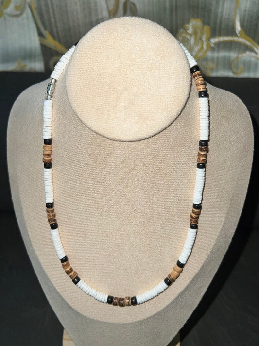 Native Treasure - 5mm White Heishe Puka Shell Black and Tiger Coco Surfer Necklace - 5mm
