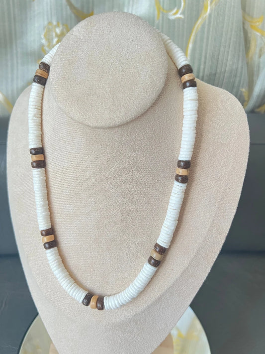 Native Treasure - Mens/Womens Real White Clam Heishe Puka Shell Surfer Necklace Brown Coco Tropical Jewelry - 8mm (5/16")