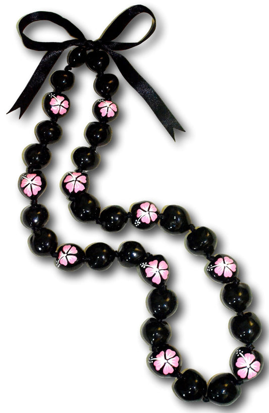 Mens/Womens Black Kukui Nut Necklace with Pink Hibiscus Flowers